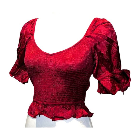Band of the Free NWT Lea Rhubarb Smocked Crop Top Sz Lar Red Rhubarb Puff Sleeve - Picture 8 of 14